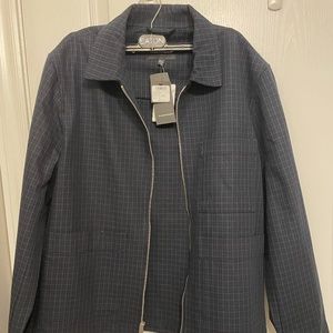 Club Monaco Mens Plaid Cotton Flannel Zip-up Shirt Jacket Navy Blue Size M NWT